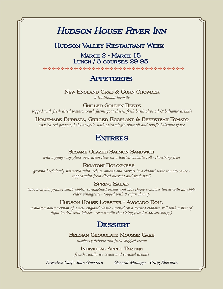 Hudson House Inn, Cold Spring, New York - Hudson Valley Restaurant Week Lunch Menu