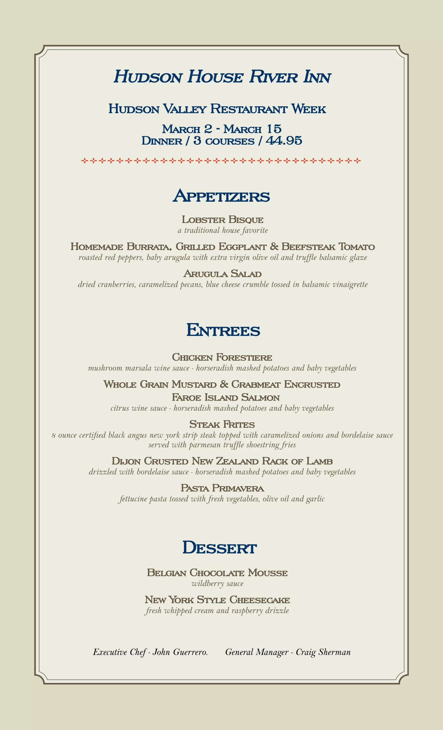 Hudson House Inn, Cold Spring, New York - Hudson Valley Restaurant Week Dinner Menu